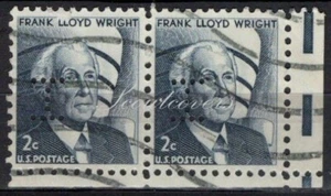 Perfins USA 1965, Sc1280 2x 2c Frank Lloyd Wright. Used I - Picture 1 of 3