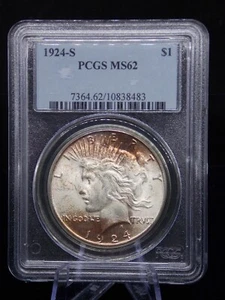 USA 1924-S SAN FRANCISCO PEACE SILVER DOLLAR SLABBED PCGS MS 62 - Bild 1 von 2