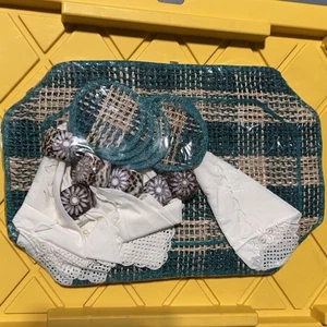 Teal and Brown Woven Ratan Placemat Coasters Napkins  Shell Napkin Ring Set of 6 - Picture 1 of 5