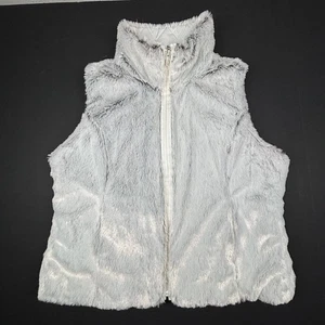 Women's SOFT Faux Fur Reversible Vest Quilted XL Gray White Zip Up Pockets EUC - Picture 1 of 9