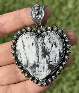 Navajo Sterling Silver White Buffalo Turquoise Heart Pendant H Happy Piasso - Picture 1 of 12