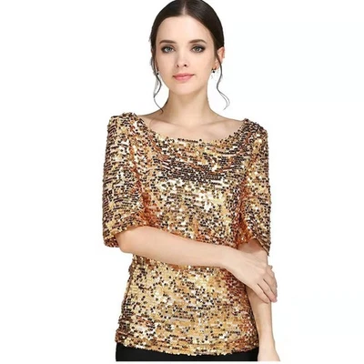 Party Top Size6-22 Fashion Women Sequin Lady Sparkle Glitter Blouse Short Sleeve - Image 1 of 4