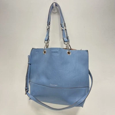 Calvin Klein Reversible Blue Brown Pebbled Tote Shoulder Bag Large Faux Leather - Image 1 of 4