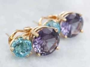 2.20Ct Round Lab Created Amethyst Blue Topaz Hoop Earrings 14kYellow Gold Plated - Picture 1 of 3