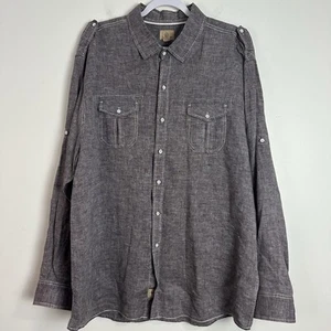 Tre Vero Mens XXL Button Up Shirt 100% Linen Brown Roll Tab Sleeve Pockets - Picture 1 of 11