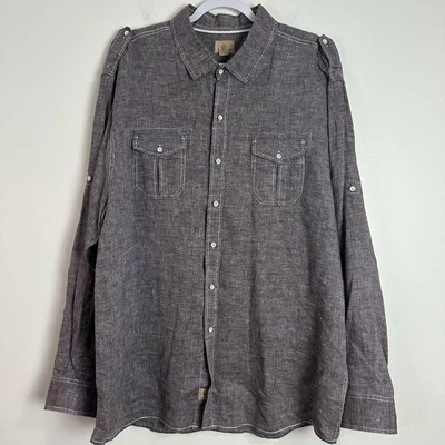Tre Vero Mens XXL Button Up Shirt 100% Linen Brown Roll Tab Sleeve Pockets - Image 1 of 4