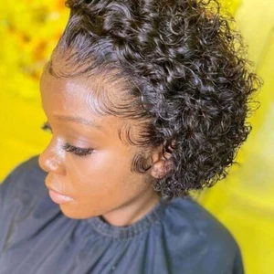 Black Afro Short Curly Human Hair Wigs Pixie Cut Glueless 13x1 Lace Front Wigs - Picture 1 of 13