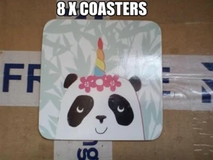8 x Laminierter Panda Einhorn Tier Untersetzer Quadratisch Kork Rückseite Tisch Tasse Matte - Bild 1 von 4