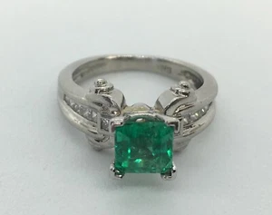 Estate Platinum Natural AAA+ Colombian Emerald & Diamonds Solitaire Ring Size 5 - Picture 1 of 7