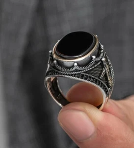 Anillo Hombre Plata de Ley 925 con Ojo de Tigre Sello Anillo Elegante - Imagen 1 de 6
