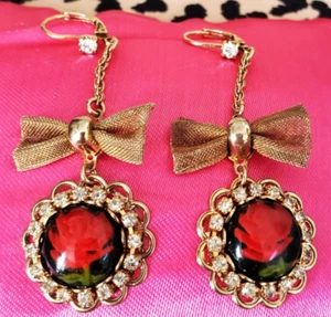 Vintage Betsey Johnson Y2K Red Rose Lucite Cameo Mesh Bow Crystal Dress Earrings - Picture 1 of 9
