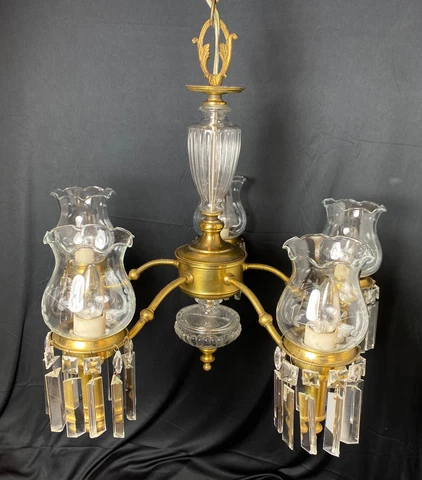 Vintage  1940s Brass 5 Arm Chandelier Wheel Cut Glass Shades Crystals 20.5"D Cover