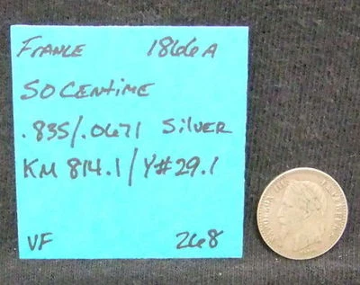 Moneda de plata 1866 A Francia 50 céntimos .835/.0671 KM 814,1 Y 29,1 muy fina Foto 1 de 3