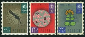Polonia 1087-1089,1090, Estampillada sin montar o nunca montada. Michel 1346-1348, Bl.27. Conducción de la OMS contra la malaria, 1962 - Imagen 1 de 2
