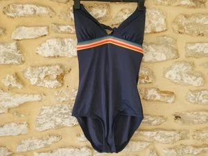 BODEN SWIMSUIT UK 14 L  SUMMER  NAVY RAINBOW TRIM HALTERNECK SUPPORT CUP - NEW - Picture 1 of 23