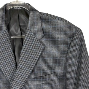 CHAPS Ralph Lauren 46L Gray Blue Houndstooth Check Wool Tweed Blazer Jacket - Picture 1 of 12