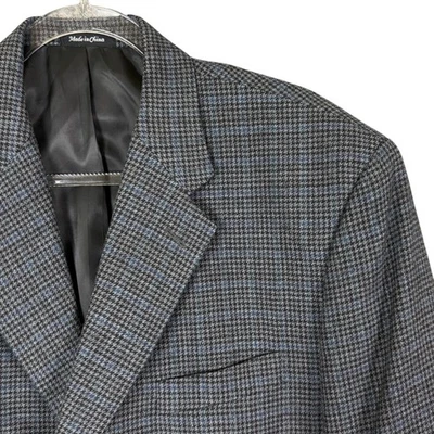 CHAPS Ralph Lauren 46L Gray Blue Houndstooth Check Wool Tweed Blazer Jacket - Image 1 of 4