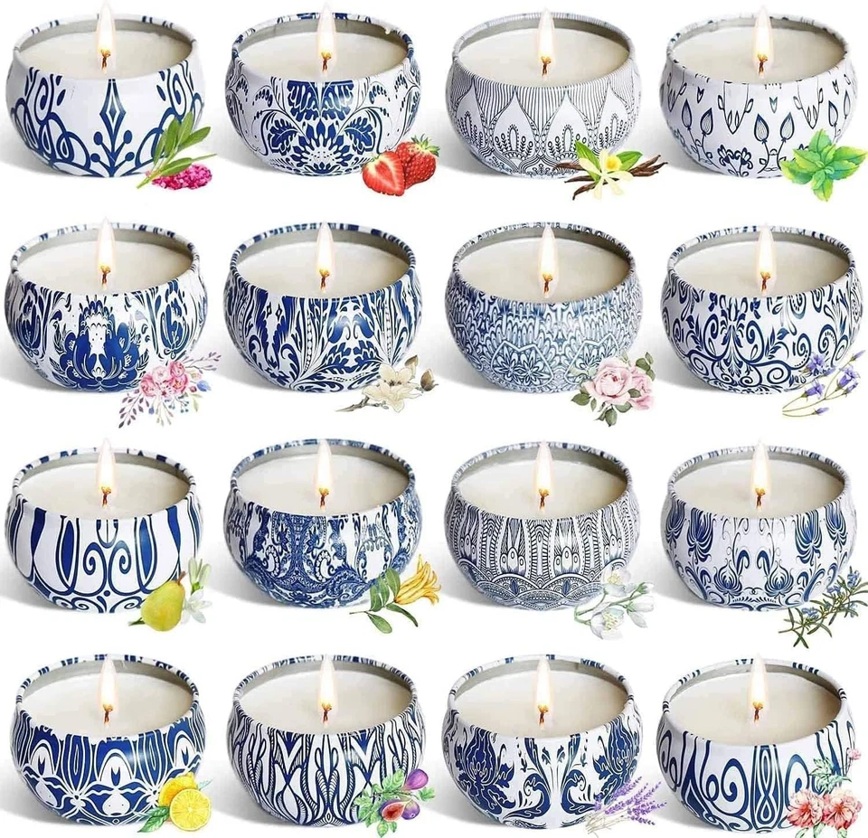Elegant 16-Pack Soy Wax Scented Candle Gift Set in Tin Jars - for All...