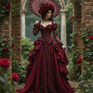 Burgunder Gothic Ballkleider Langarm Rüschen Spitze Applikationen Abendkleider - Bild 1 von 9