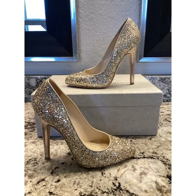Jimmy Choo Esme Metalizado Dorado Brillo Grueso Victoria Tacón Bombas Punta Redonda 36 Foto 1 de 4