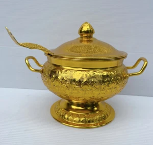 Vintage Style Thai Serving Bowl Rice Soup Gold Aluminium Size 20 cm with Ladle - Picture 1 of 60