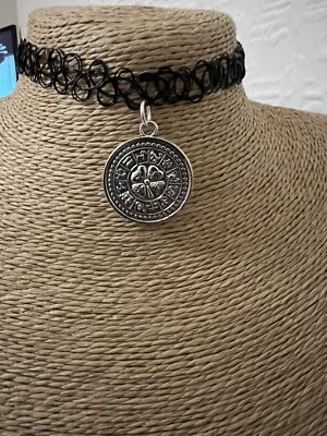 Stretch Black Silver Lucky Zodiac Tetragrammaton Tattoo Choker Henna - Image 1 of 4