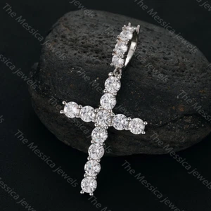 4 MM Round Cut Moissanite Cross Pendant No Neckless In 14k White Gold Plated - Picture 1 of 12