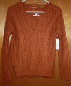 No Boundaries Lace Up Cable Knit Pullover Women's Juniors Sz XS Burnt Orange NWT - Picture 1 of 8