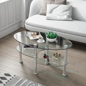 Tempered Glass Coffee Table 3-Tier Oval Modern Center Table w/ Open Shelf Clear - Picture 1 of 11