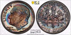 1957-P Roosevelt Dime PCGS PR66 Beautiful Blue Red Yellow Rainbow Toned - Picture 1 of 1