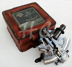Brass Antique Finish Marine Victorian Travelling Sextant Glass Top Leather Case - Picture 1 of 7