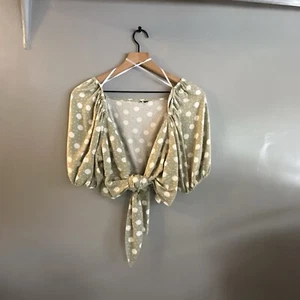 Vera Moda Top XL Junior Green Polka Dot Tie Front Crop Linen Blend Blouse - Picture 1 of 8