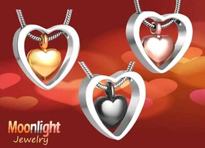 New Heart Inside Heart Double Love Urn Cremation Pendant Ashes Memorial Necklace - Picture 1 of 10