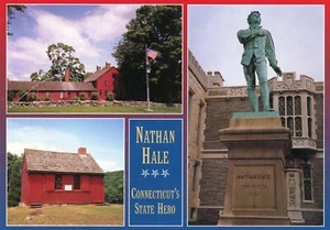 Postcard 4 x 6 Multi-Views of Nathan Hale Statue and Schoolhouse in Coventry , - Picture 1 of 2