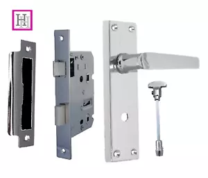 Bathroom Door Handle Chrome Straight Lever Handles 1x pair with privacy lock - Picture 1 of 27