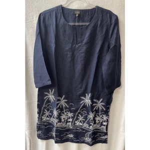 Abito tunica Talbots donna L blu corto palme lino leggero ricamato - Foto 1 di 7