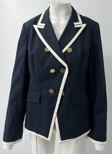 Tory Burch Navy Double Breasted Blazer Jacket gold buttons w/ White Trim sz 14 - Picture 1 of 7