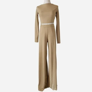 NASTY GAL hellbraunes geripptes Langarm bauchfreies Oberteil & Hose mit weitem Bein Set. Gr. klein. - Bild 1 von 7