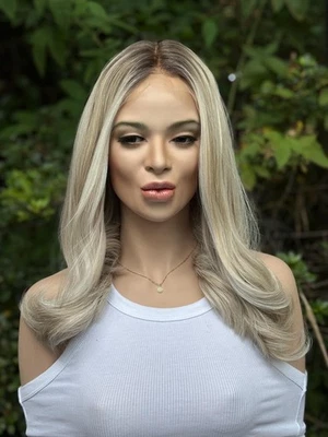 Human Hair Blend Lace Front Wig | Creamy Platinum Blonde | Hand-tied Free Part - Image 1 of 4