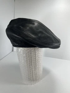 Stetson Black Leather News Boy Cabbie Golf Flat Cap Size Large XL Newsboy - Picture 1 of 8