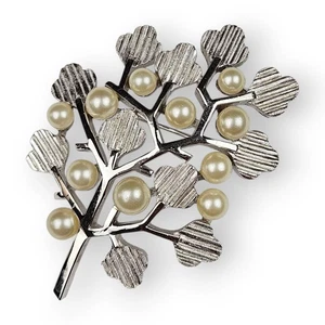 Broche Corona Trifari Hoja Floral Rama Imitación Perla Rodio Chapado De Colección 2.25" - Imagen 1 de 12