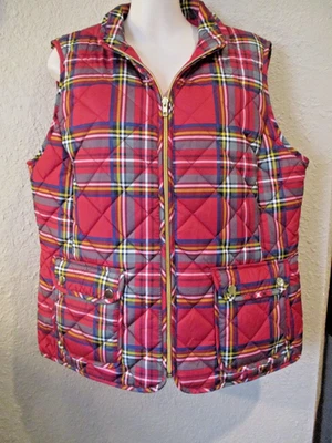 NWOT ST. JOHNS BAY Sz L Red/Multi Tartan Plaid Quilted Zip-Front Vest/2 Pockets - Image 1 of 4