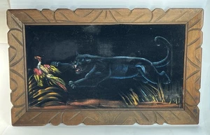 PINTURA AL ÓLEO PANTERA NEGRA TERCIOPELO NEGRO VINTAGE CON MARCO DE MADERA 20x11 MCM 60s 70s - Imagen 1 de 4