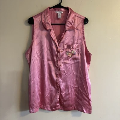 Розовый K пастельный розовый атласный пижамный топ 1 X на пуговицах вышитый цветочный кокетка - Изображение 1 из 4