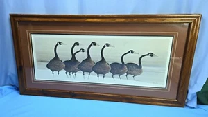P. Buckley Moss 1982 Gaggle of Geese RARE Framed Signed Print Goose 34x17 Wood - Picture 1 of 10