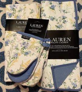 Ralph Lauren gelb & blau Blumen Küchentuch Ofenhandschuh & Trockenmatte 6-teiliges Set - Bild 1 von 5