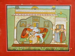 Sacred Love: Lord Krishna's Divine Leela with Radha Ji Wall Hanging Painting Art - Picture 1 of 3