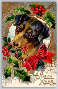 Merry Xmas Christmas Greetings Postcard Dog Inset Holly Berries Xmas Dogs Series - Picture 1 of 3