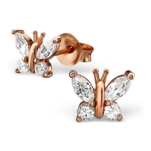 Rose Gold Plated Sterling Silver Cubic Zirconia CZ Butterfly Stud Earrings 6MM - Picture 1 of 7