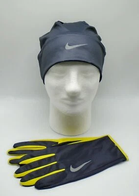 Nike Dry Men's Running Beanie Hat Glove Set Grid Iron/Bright Citron/Silver L/XL - Image 1 of 4
